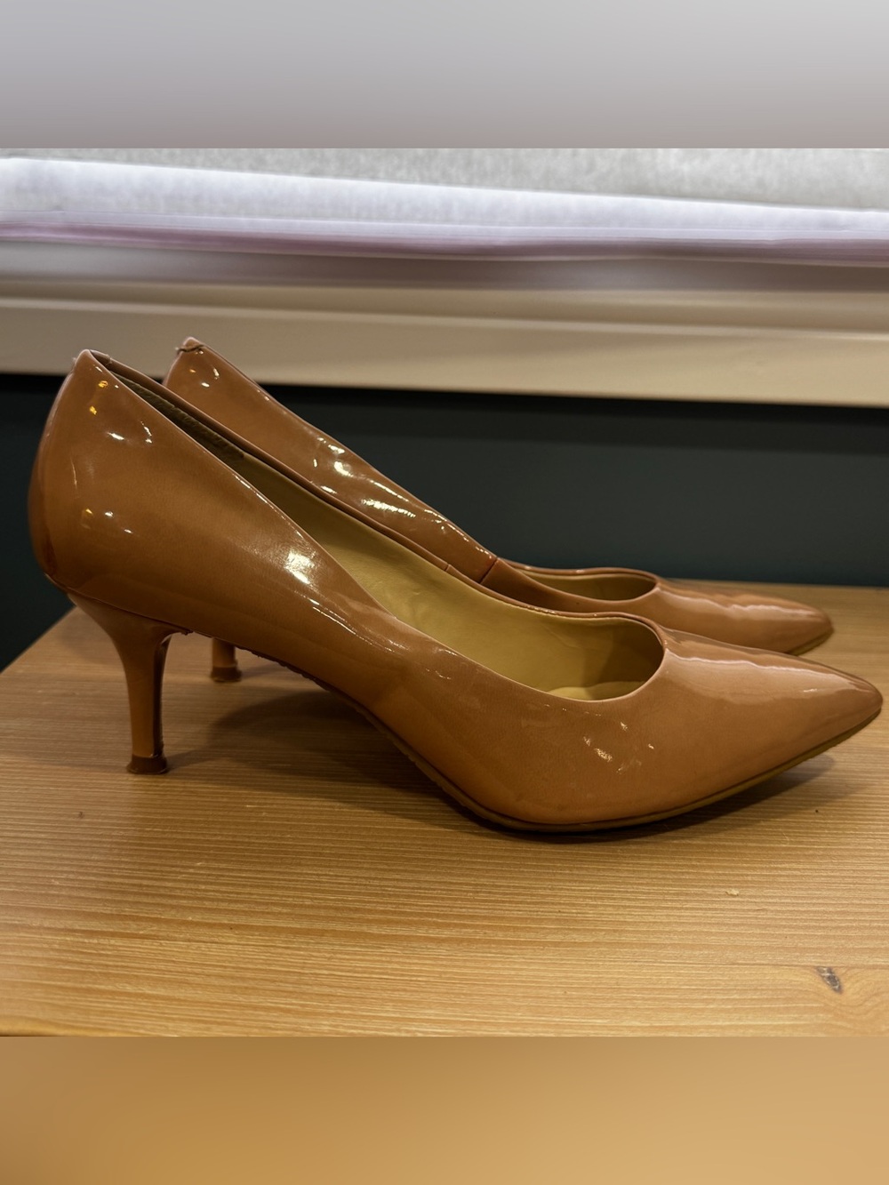 Nine West Glossy Camel Patent Pointed-Toe Pumps